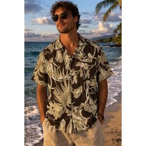 Vintage Y2K Caribbean Joe Hawaiian Shirt Medium Aloha Palm Leaf Brown Linen Loop
